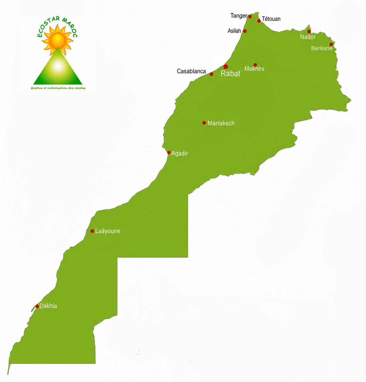 Carte des dépôts et zones de collecte ECOSTAR MAROC au Maroc